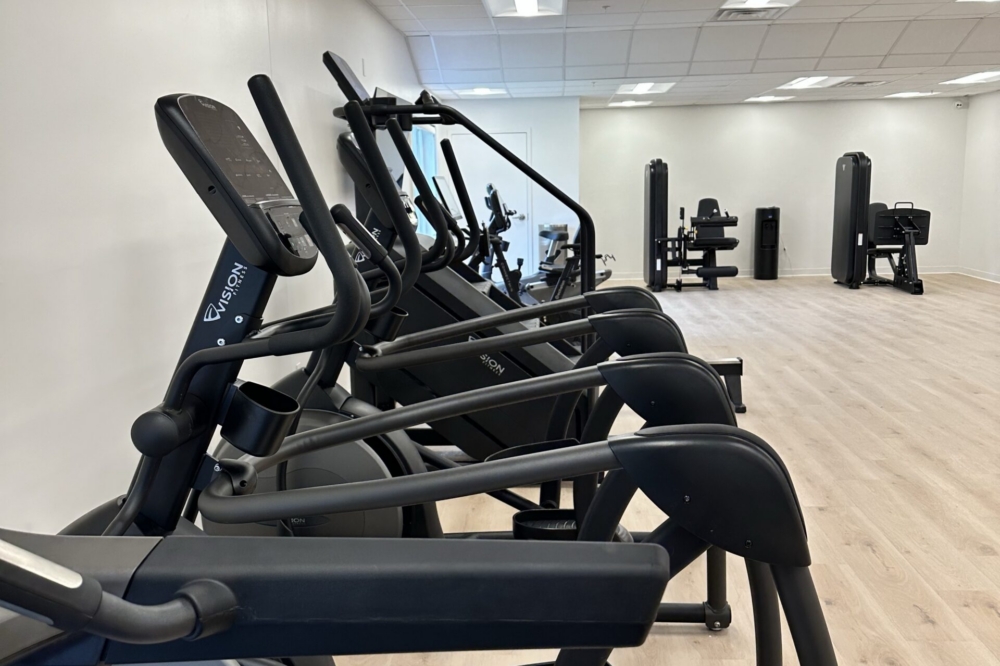 Row of elliptical machines in a bright, spacious gym with light wood flooring and white walls; additional gym equipment is visible in the background.
